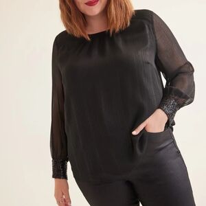 Penningtons Black Long Sleeve Sheer Blouse Top Metallic Sequins Sequined 5X